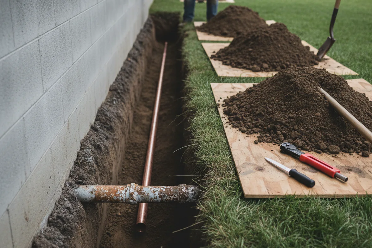 Excavated water line trench during Water Heater Repair in Little Falls